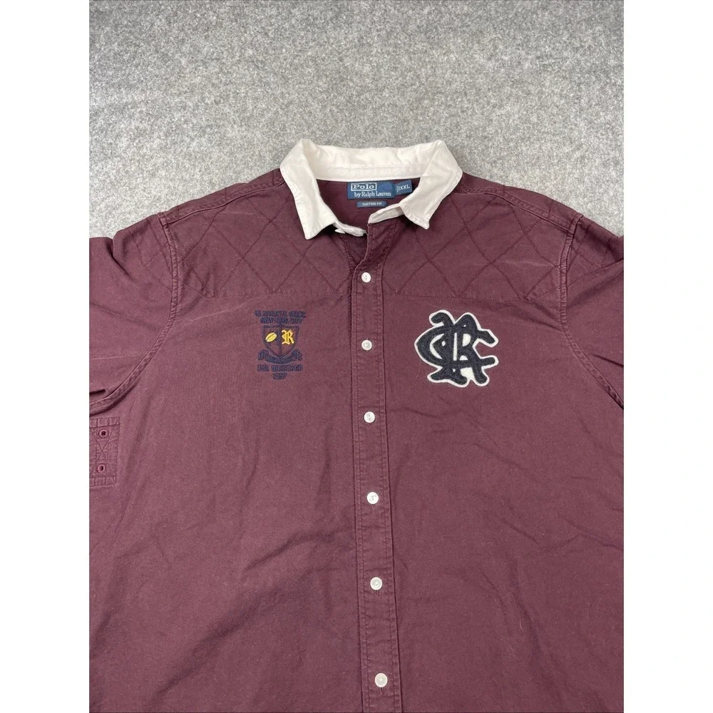 Vintage 90s Polo Ralph Lauren Rugby Shirt XXL Maroon Bleecker Quilted Button‎ Up